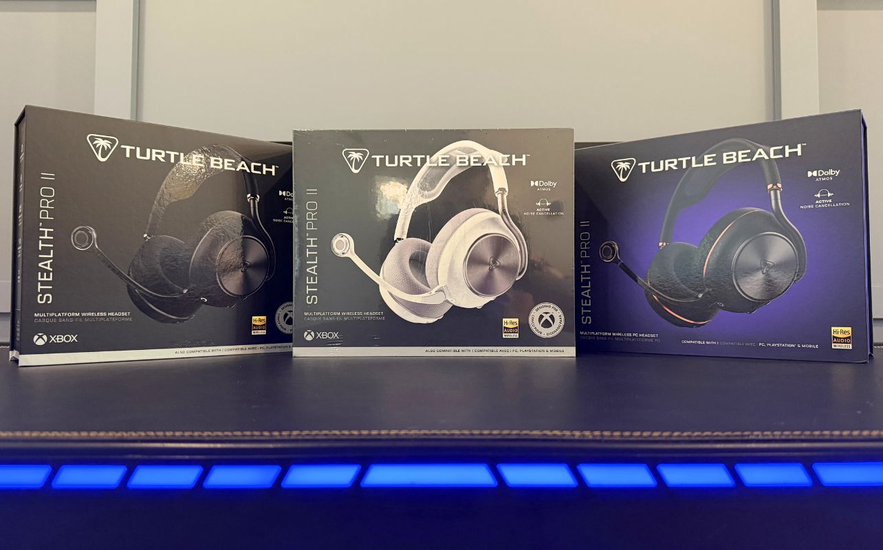 The full Turtle Beach Stealth Pro II lineup on a black desk tabletop.