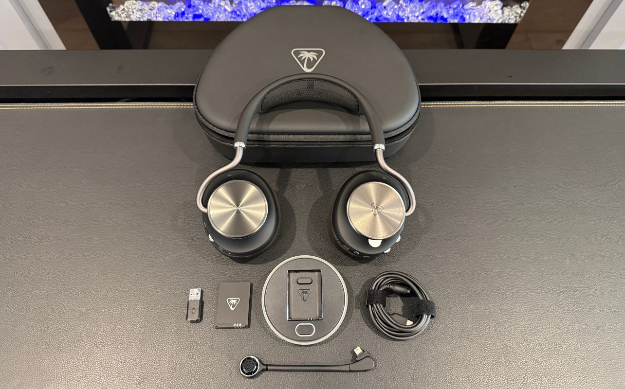Turtle Beach Stealth Pro II on a black desk tabletop with all components unboxed.