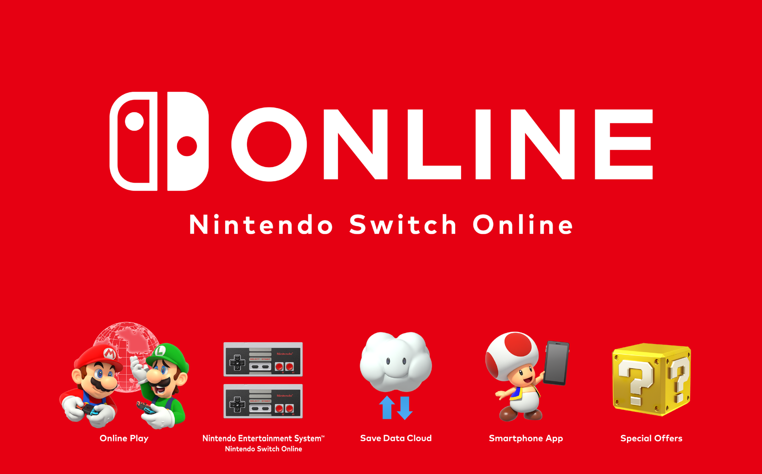 Nintendo Switch Online graphic showing Save Data Cloud and online play features.