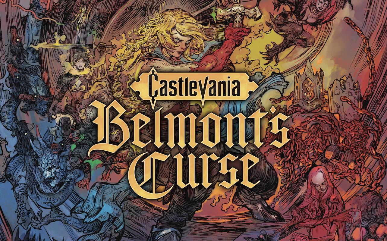Castlevania: Belmont’s Curse key art showing illustrated characters and creatures behind the game logo.