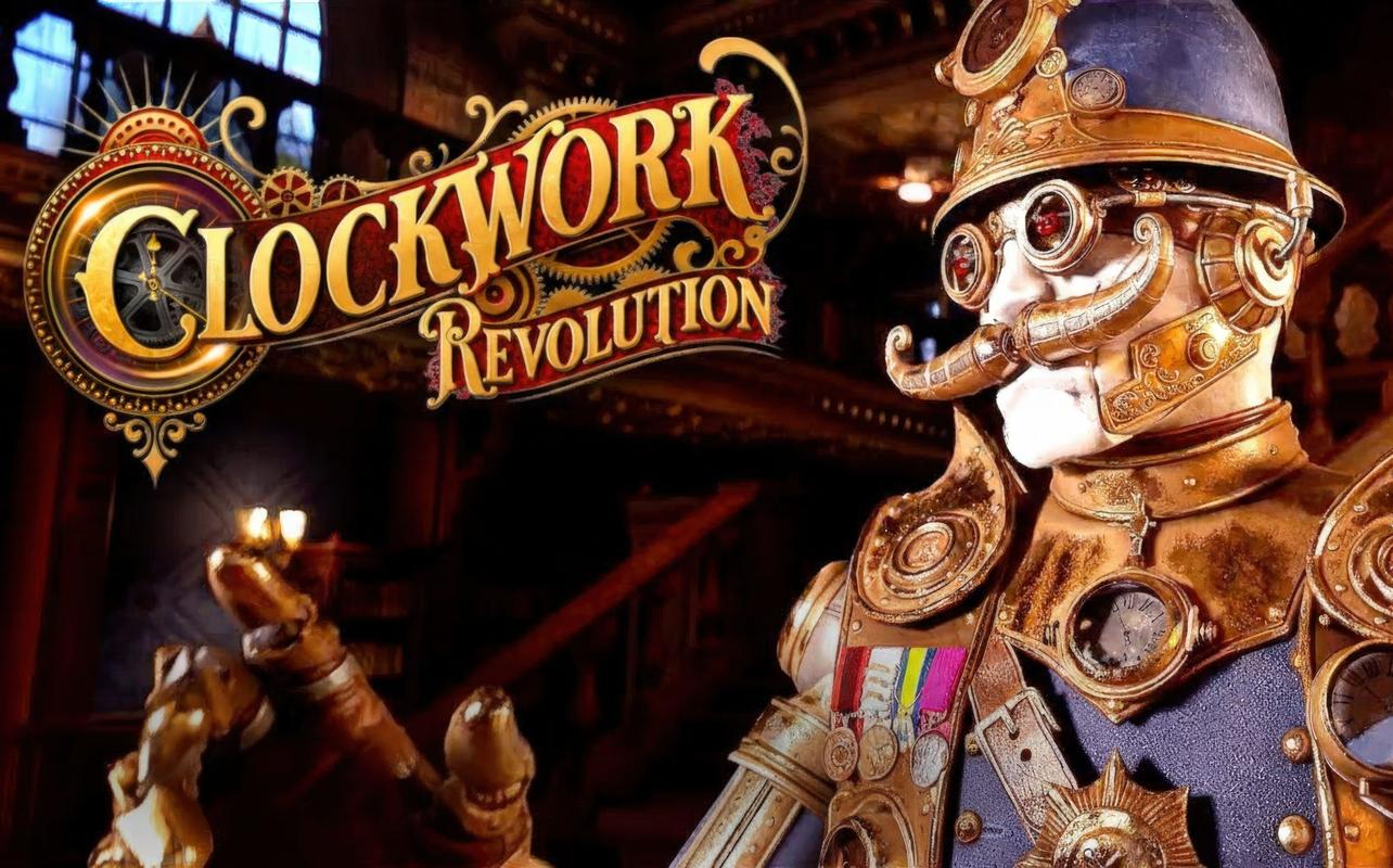 Clockwork Revolution key art showing a steampunk figure in brass armour beside the game logo.