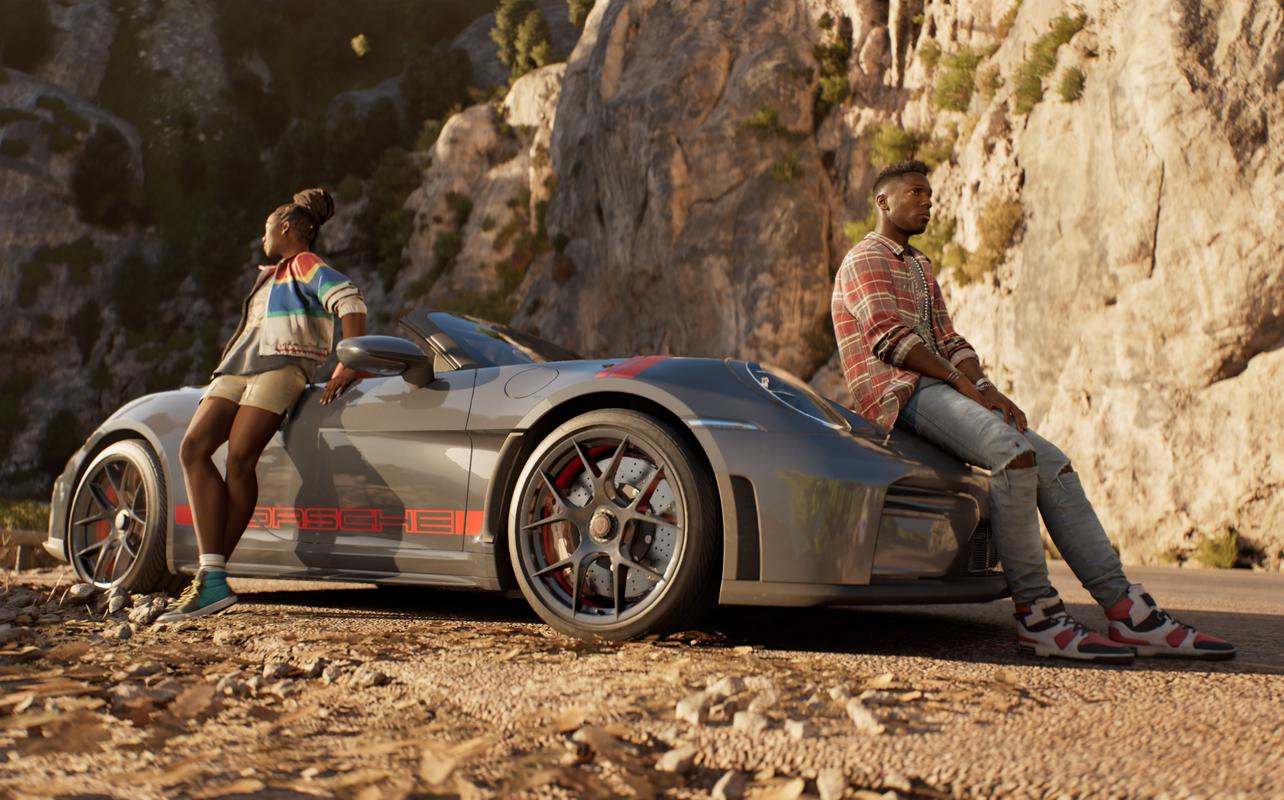 Clutch gameplay image showing two characters beside a sports car on a coastal road.