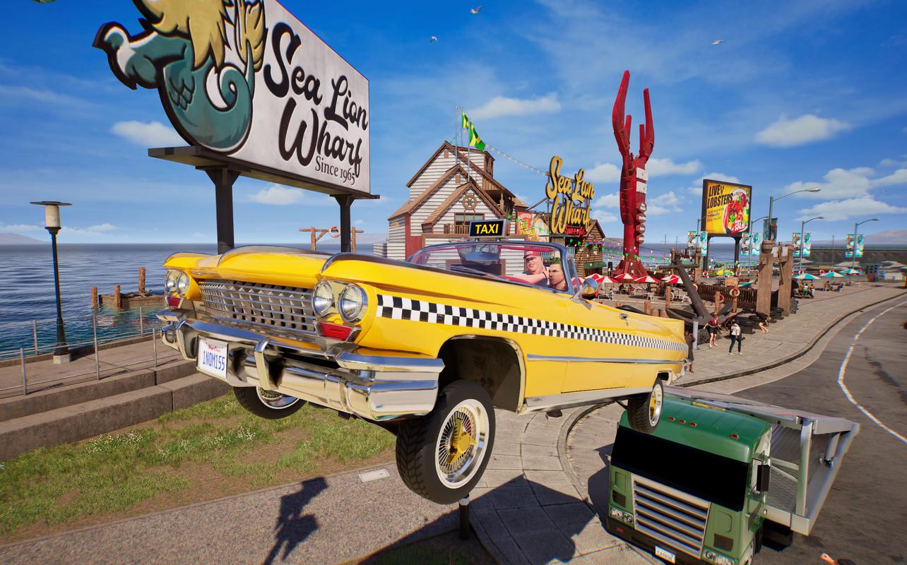 Yellow taxi jumping over a truck near a seaside pier in Crazy Taxi: World Tour