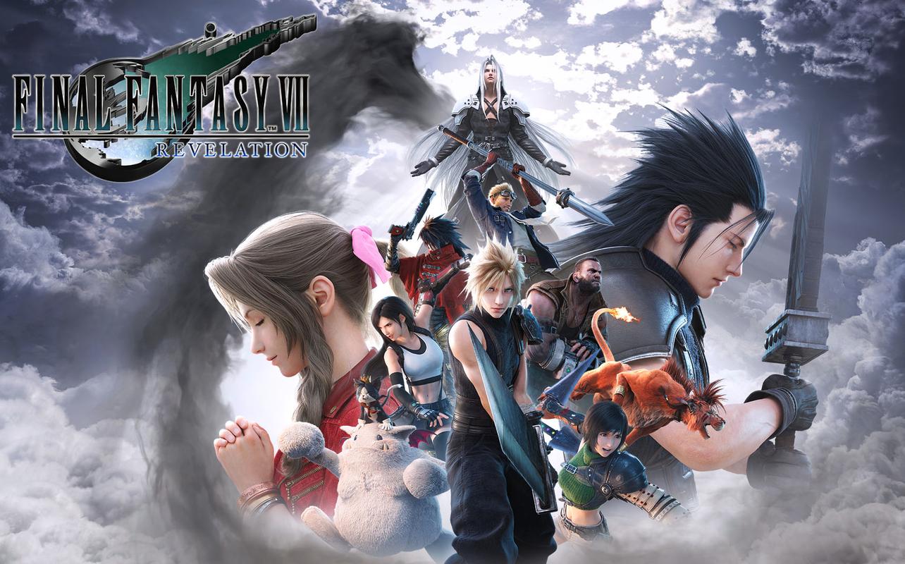 Final Fantasy VII Revelation key art showing Cloud, Zack, Sephiroth, Aerith, and other characters in a cloudy scene.