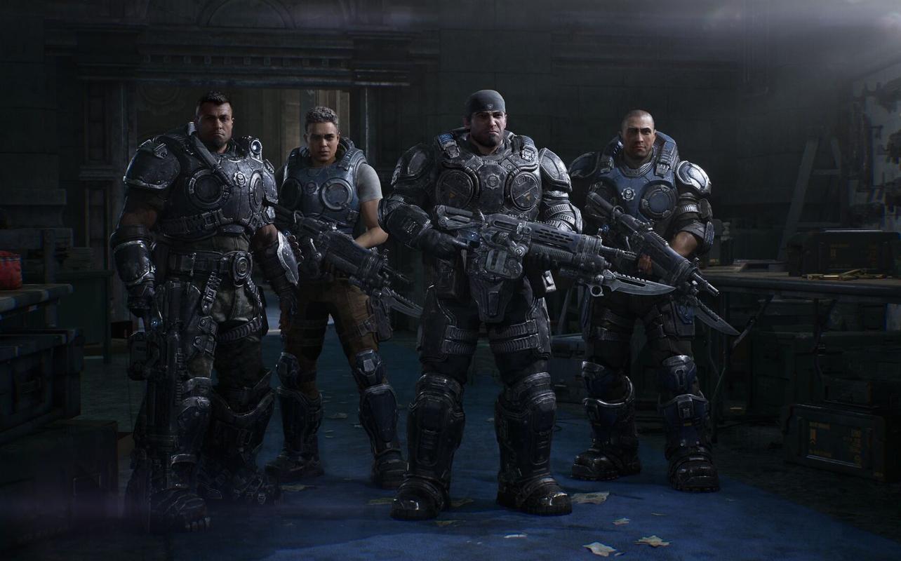 Gears of War: E-Day key art showing an armoured squad standing together in a dark interior
