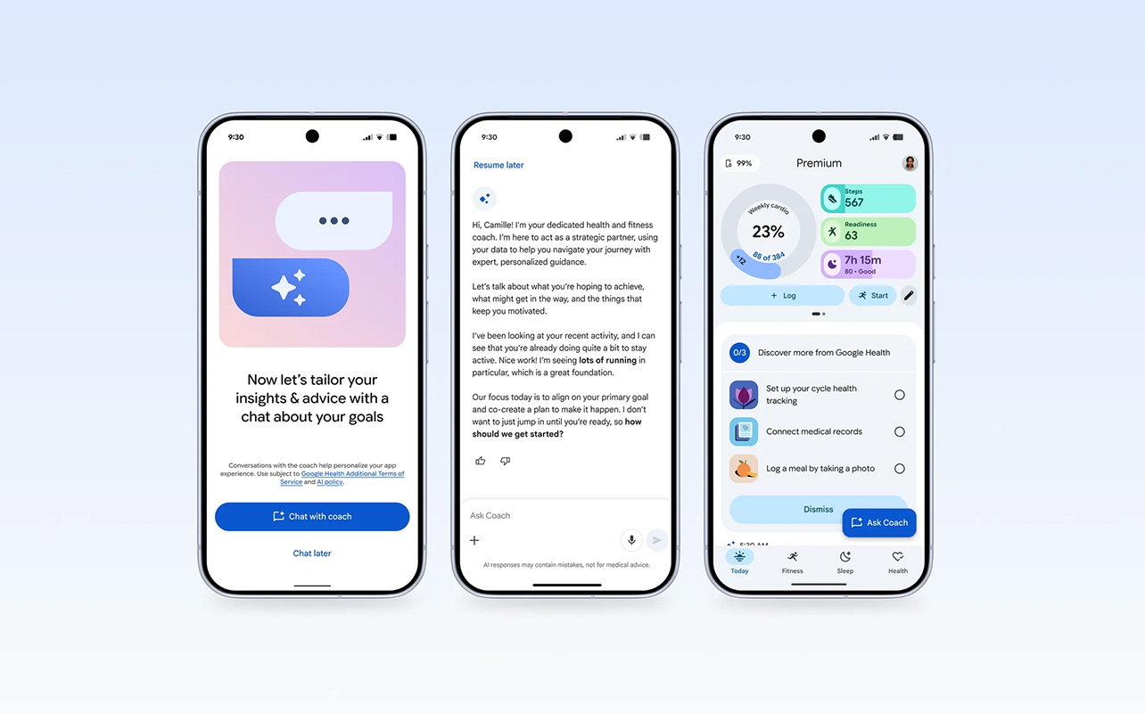 Three Google Health Premium screenshots showing the onboarding process.