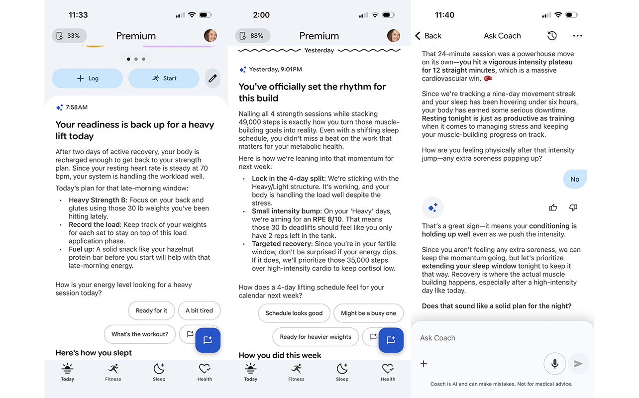 Three screenshots from the Google Health Premium app
