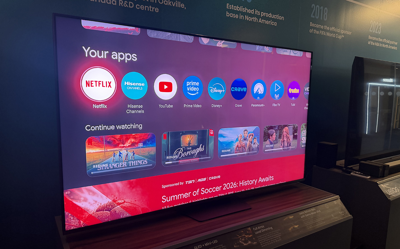 The Hisense 65UR9SG RGB mini LED TV home screen showing apps.