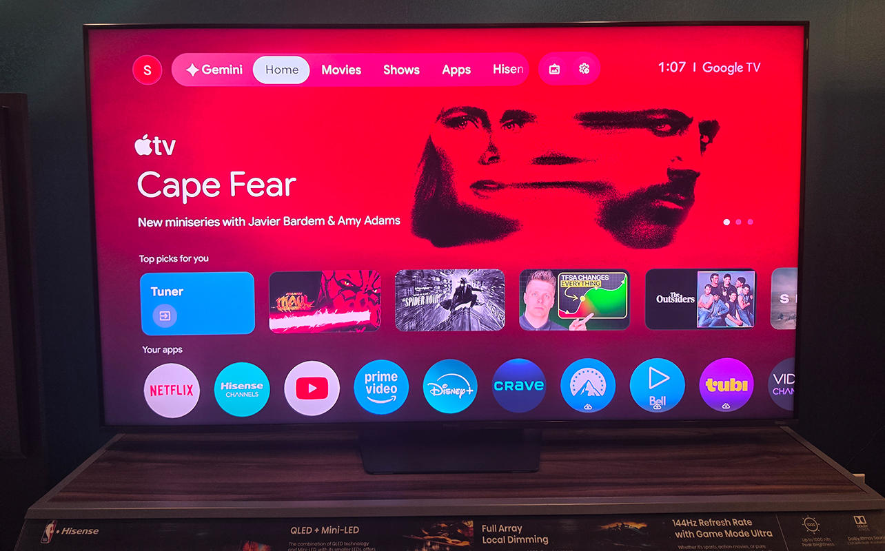 The Google TV home screen on the Hisense 65UR9SG RGB mini LED TV.
