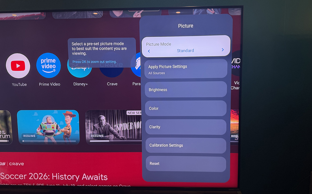 The picture settings menu in the Hisense 65UR9SG RGB mini LED TV.