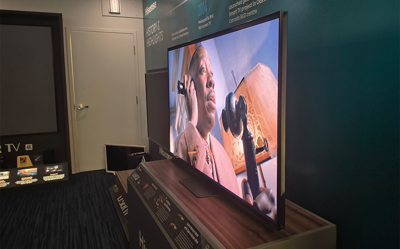 The Hisense 65UR9SG RGB mini LED TV on an angle.