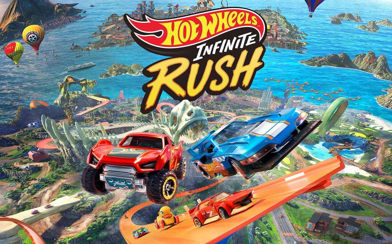 Hot Wheels Infinite Rush key art showing cars racing on orange tracks across a large island map.
