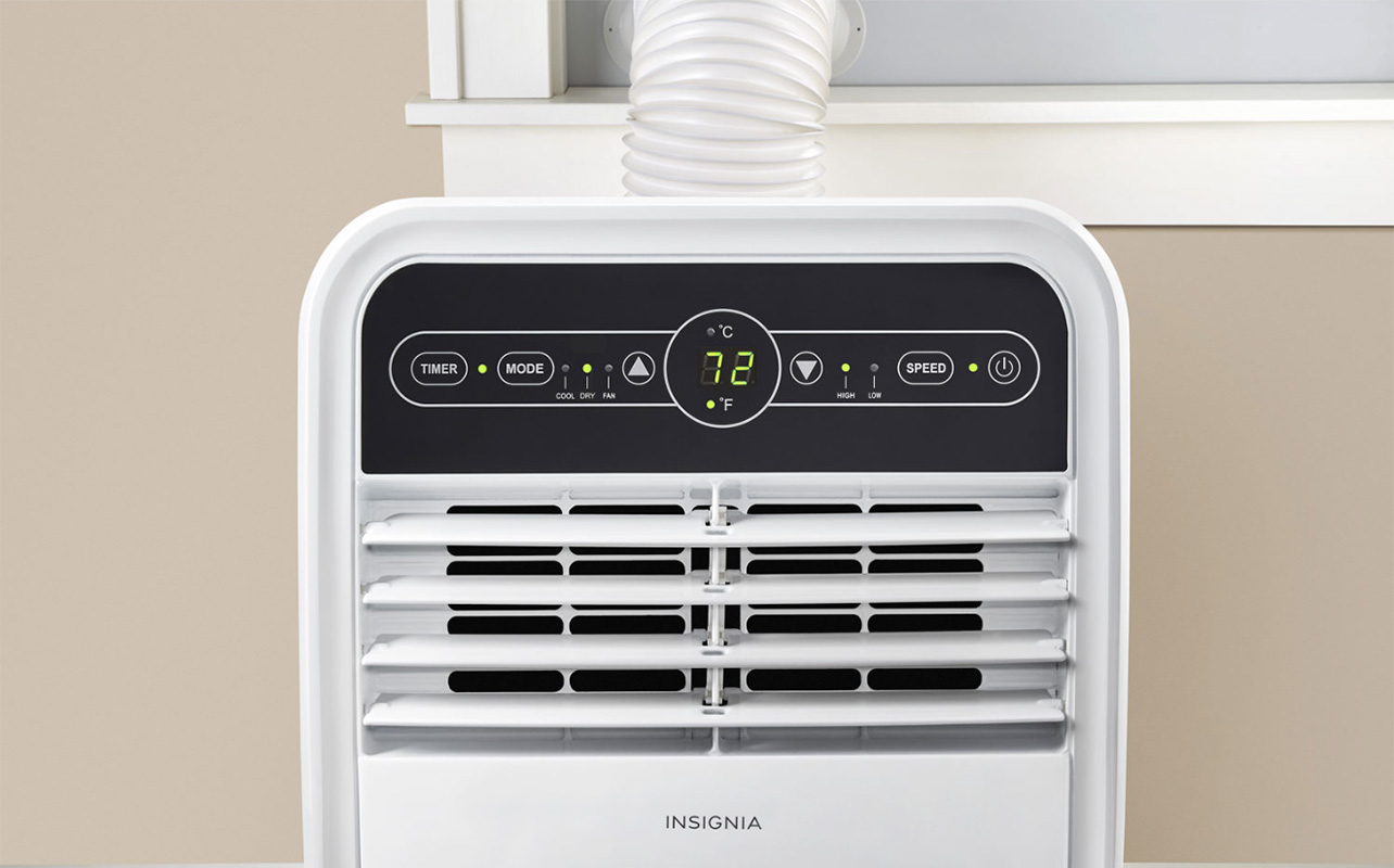 Close-up of the panel on an Insignia portable AC unit.