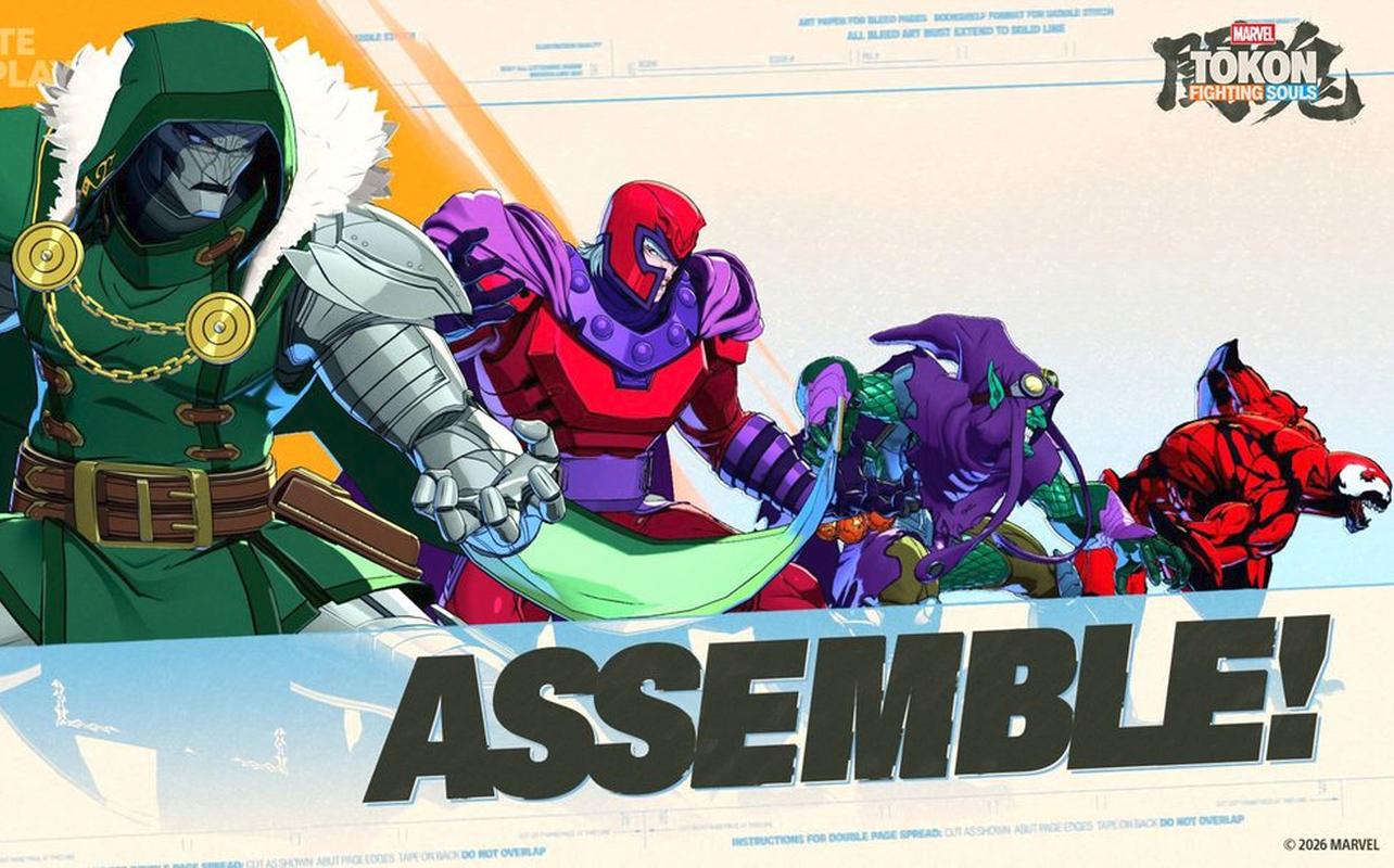 MARVEL Tōkon: Fighting Souls artwork showing Doctor Doom, Magneto, Green Goblin, and Carnage with the word Assemble.