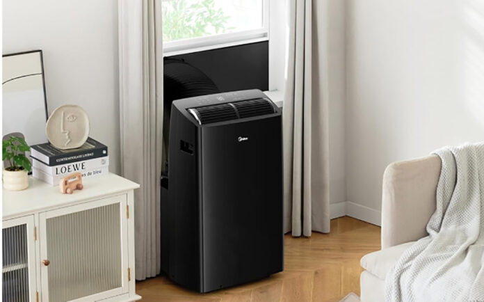 AC energy efficiency explained: SEER ratings, energy costs & savings for Canadians Midea Duo portable air conditioner venting out a window.