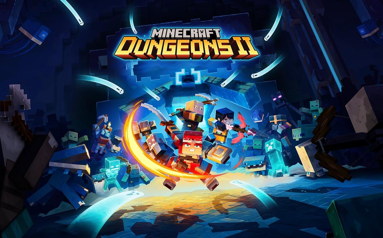 Minecraft Dungeons II key art showing blocky heroes battling enemies in a dark dungeon