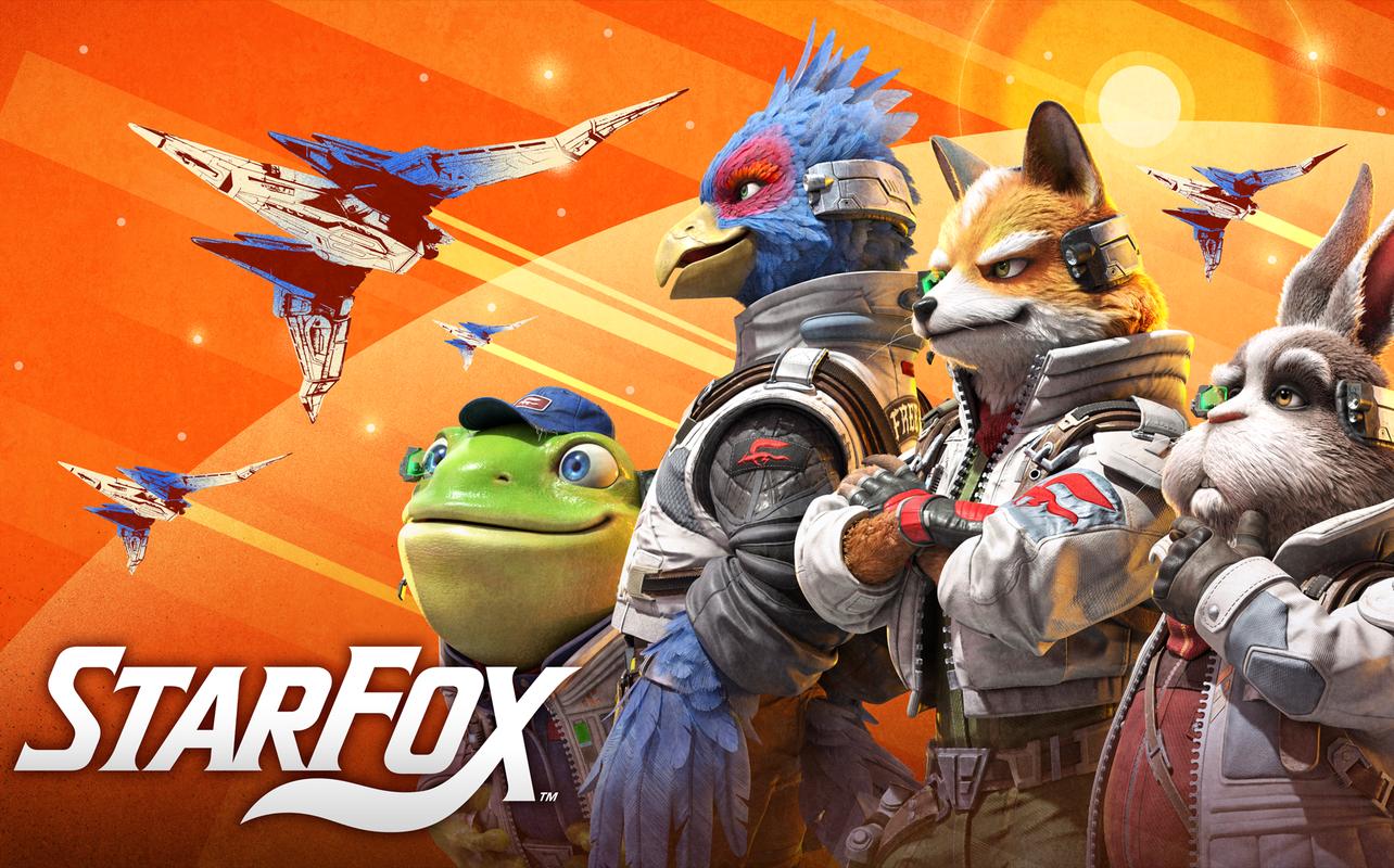 Star Fox artwork showing Fox McCloud and the Star Fox team with Arwings flying through the Lylat System.