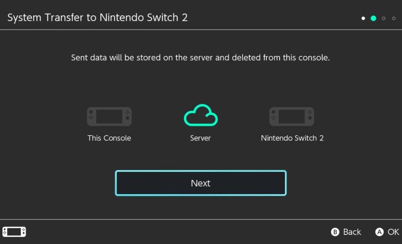 Nintendo Switch System Transfer screen showing sent data stored on the server and deleted from the console