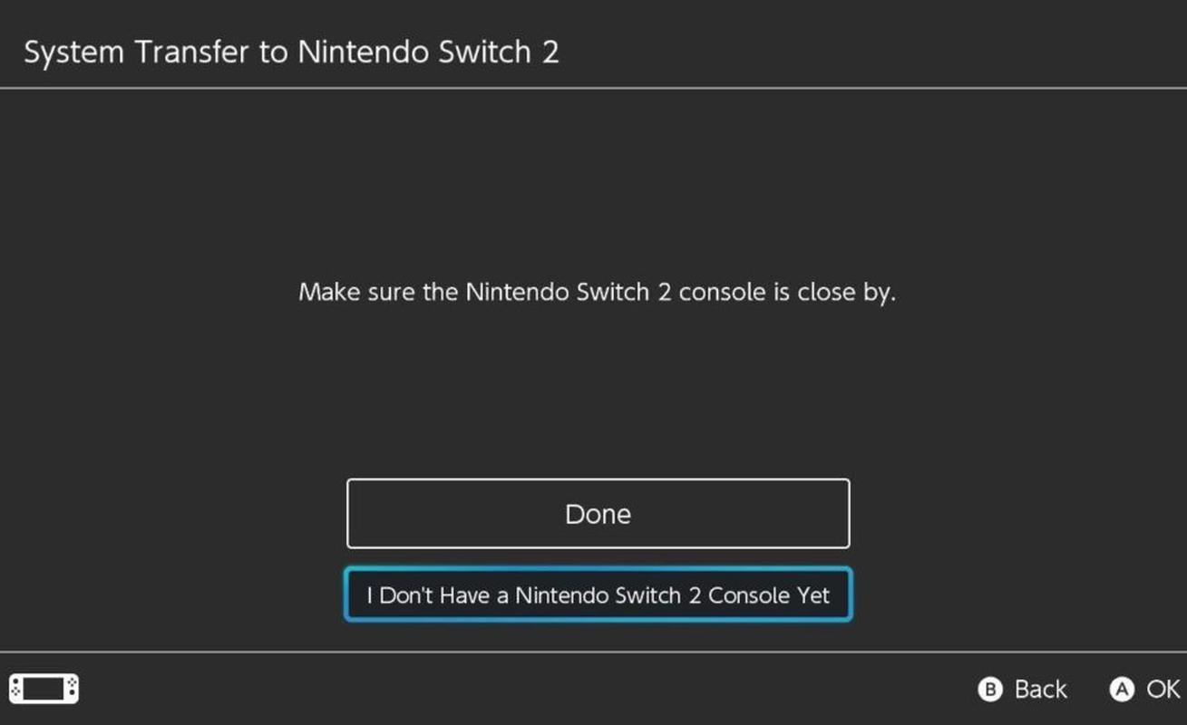 Nintendo Switch System Transfer screen with options for Nintendo Switch 2 nearby or not available yet