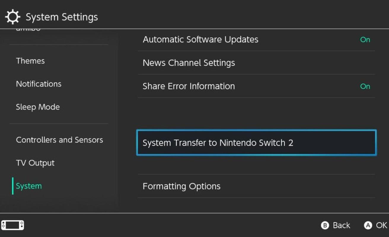 Nintendo Switch System Settings menu showing System Transfer to Nintendo Switch 2