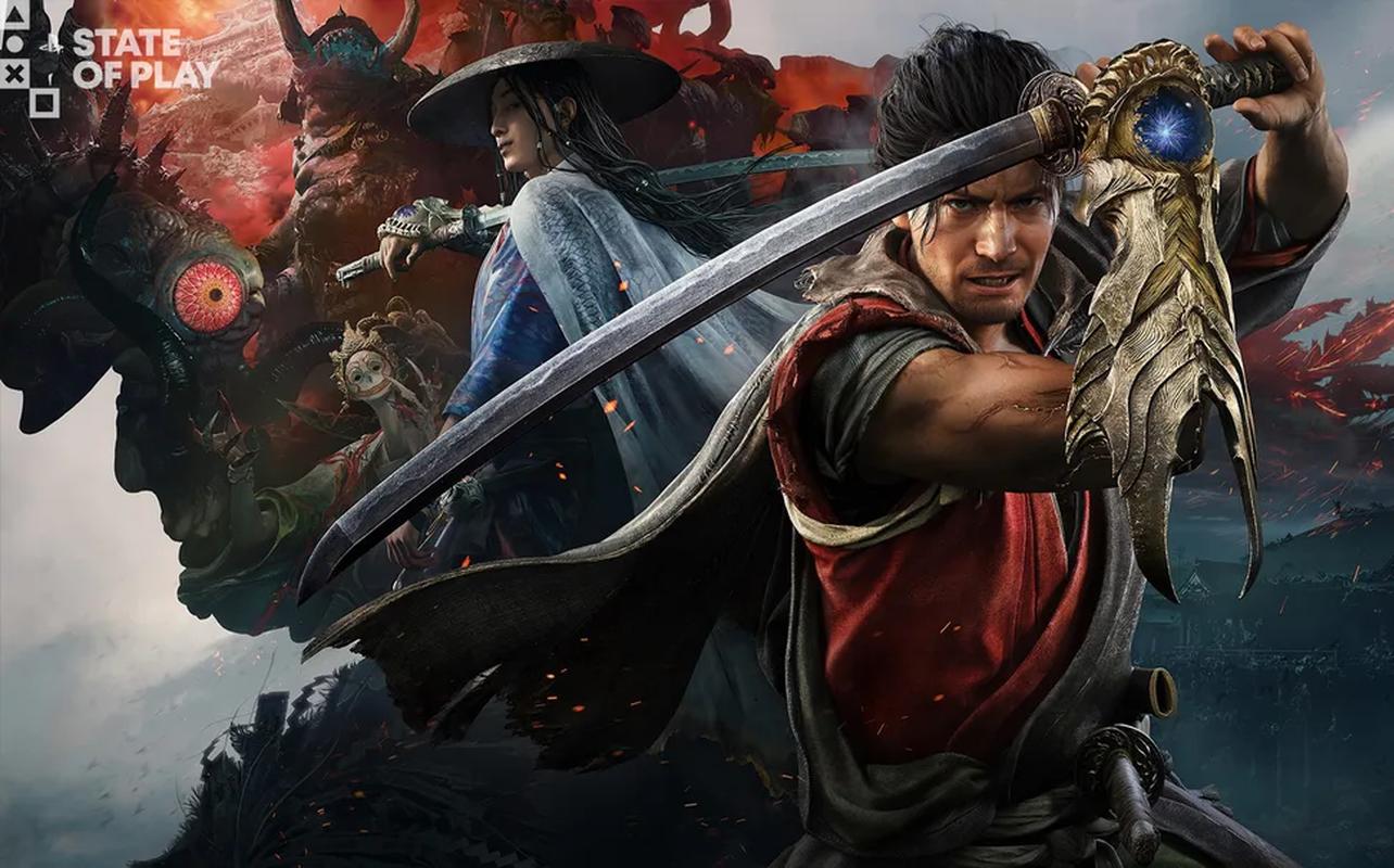 Onimusha: Way of the Sword artwork showing Miyamoto Musashi holding a sword with Genma enemies in the background.