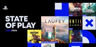PlayStation State of Play June 2026 graphic showing God of War Laufey, Marvel’s Wolverine, Tomb Raider: Legacy of Atlantis, Until Dawn 2, Control Resonant, and MARVEL Tōkon: Fighting Souls.