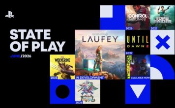 PlayStation State of Play June 2026 graphic showing God of War Laufey, Marvel’s Wolverine, Tomb Raider: Legacy of Atlantis, Until Dawn 2, Control Resonant, and MARVEL Tōkon: Fighting Souls.