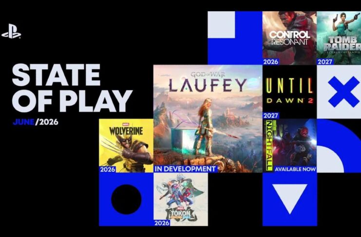 PlayStation State of Play June 2026 graphic showing God of War Laufey, Marvel’s Wolverine, Tomb Raider: Legacy of Atlantis, Until Dawn 2, Control Resonant, and MARVEL Tōkon: Fighting Souls.
