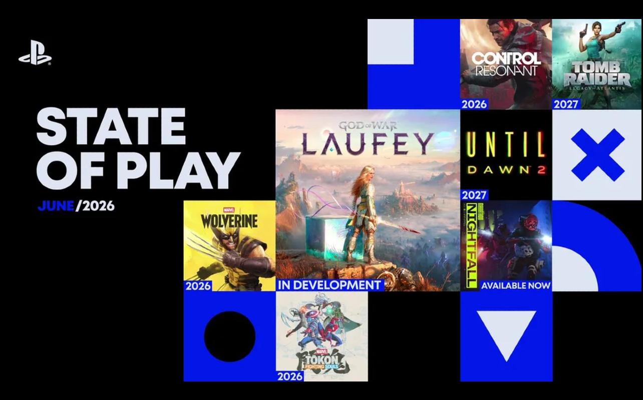 PlayStation State of Play June 2026 graphic showing God of War Laufey, Marvel’s Wolverine, Tomb Raider: Legacy of Atlantis, Until Dawn 2, Control Resonant, and MARVEL Tōkon: Fighting Souls.