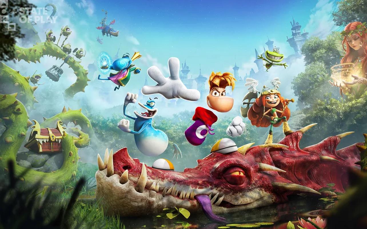 Rayman Legends Retold artwork showing Rayman, Globox, Barbara, and other characters in a colourful fantasy setting.