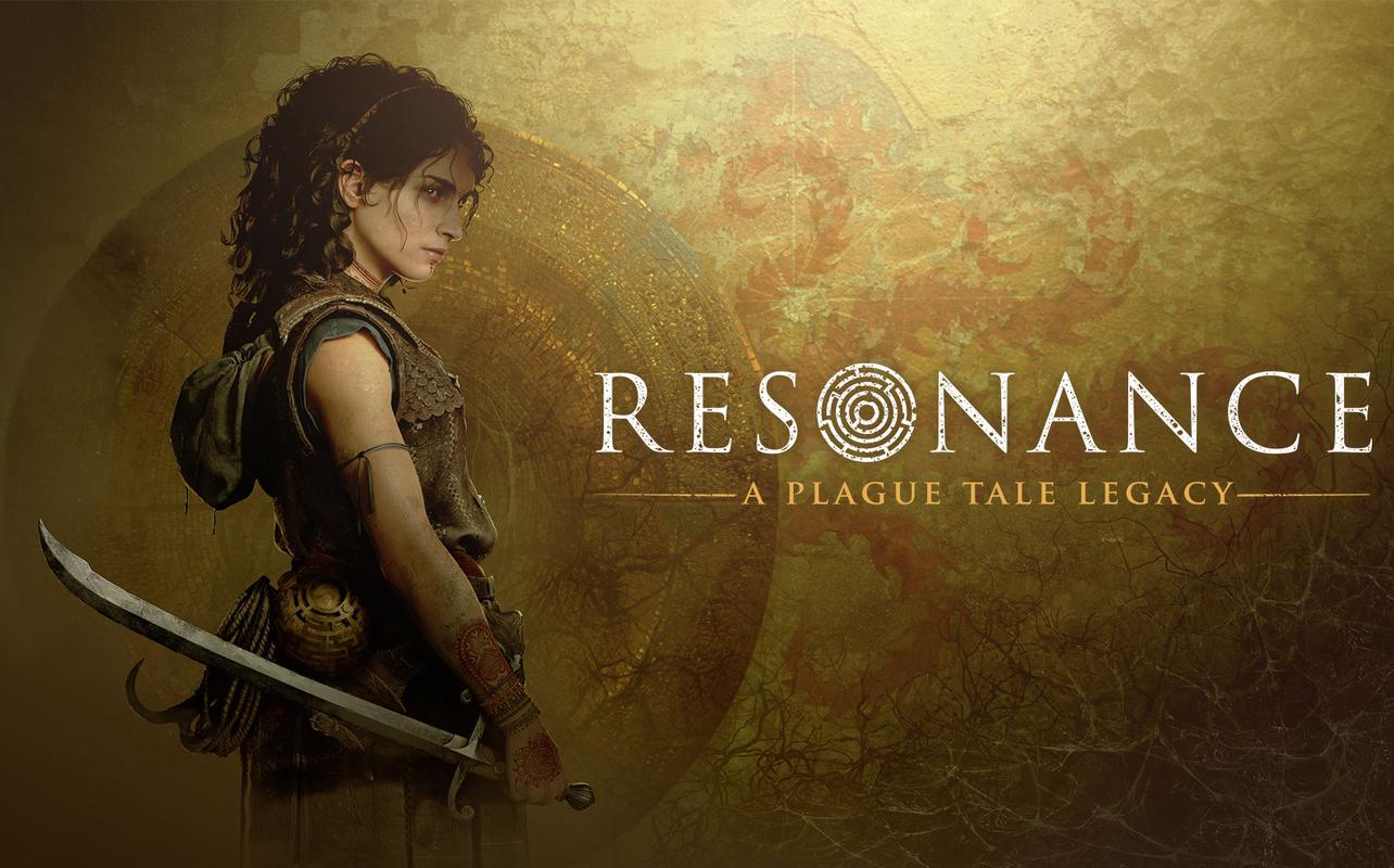 Sophia standing with a sword beside the Resonance: A Plague Tale Legacy logo