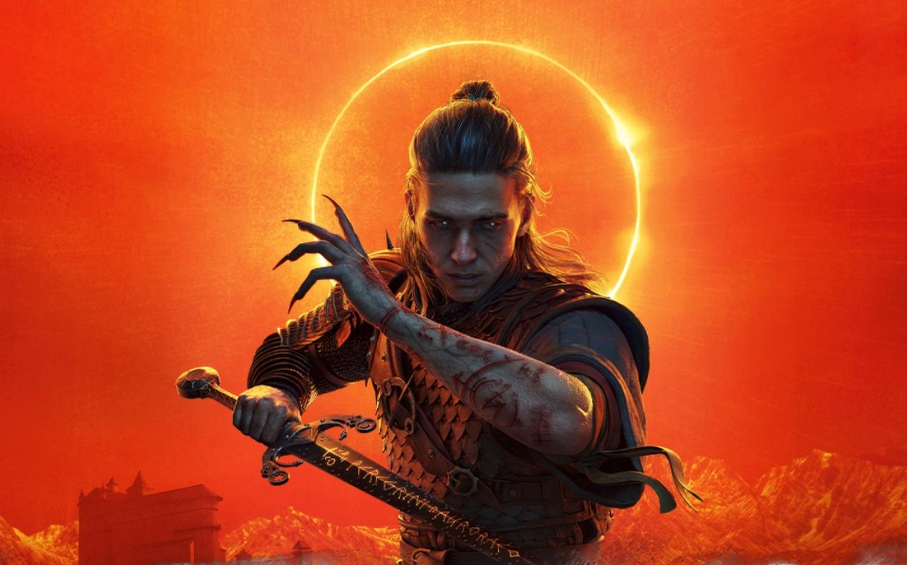 The Blood of Dawnwalker key art showing Coen holding a sword in front of a red eclipse.