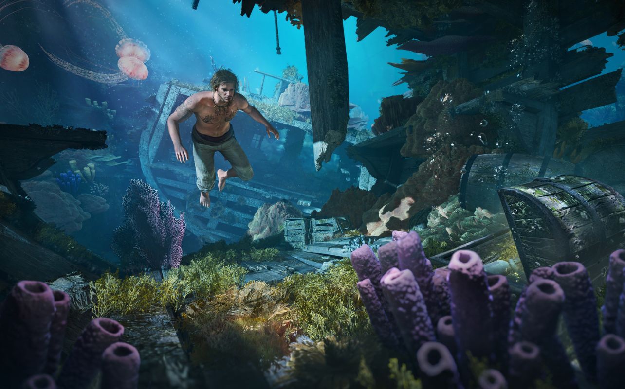 Assassin’s Creed Black Flag Resynced video game screenshot with a pirate character diving into coral.