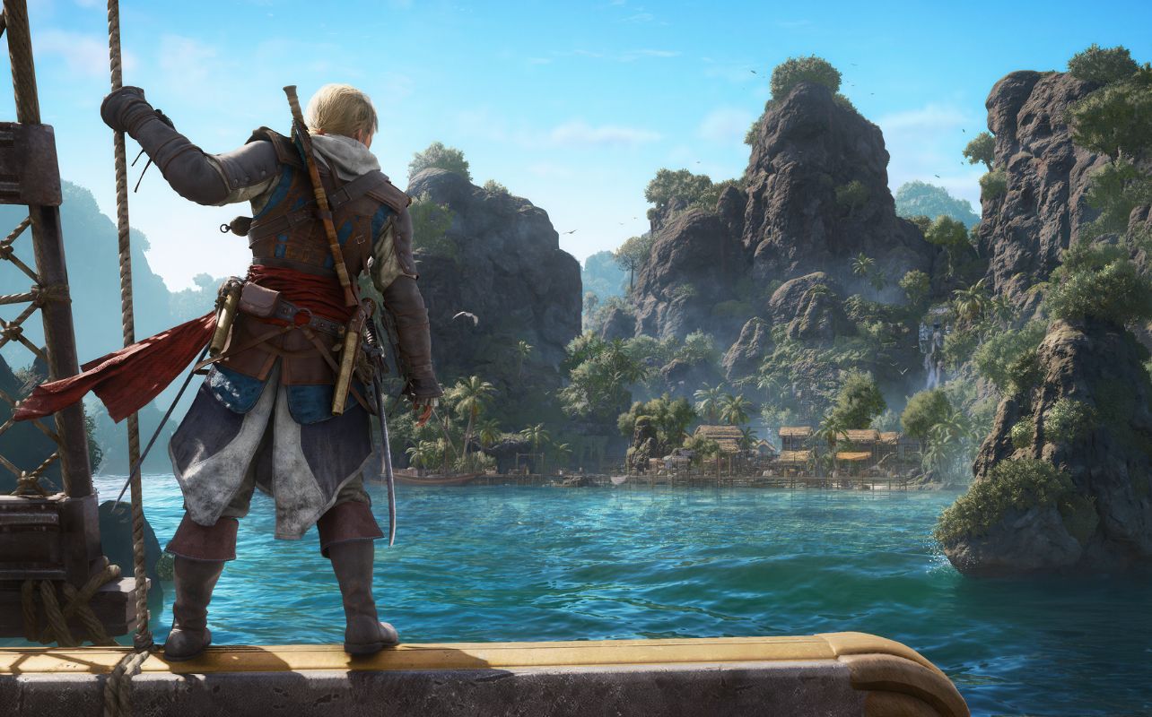 Assassin’s Creed Black Flag Resynced video game screenshot with a pirate character looking at a lush landscape.