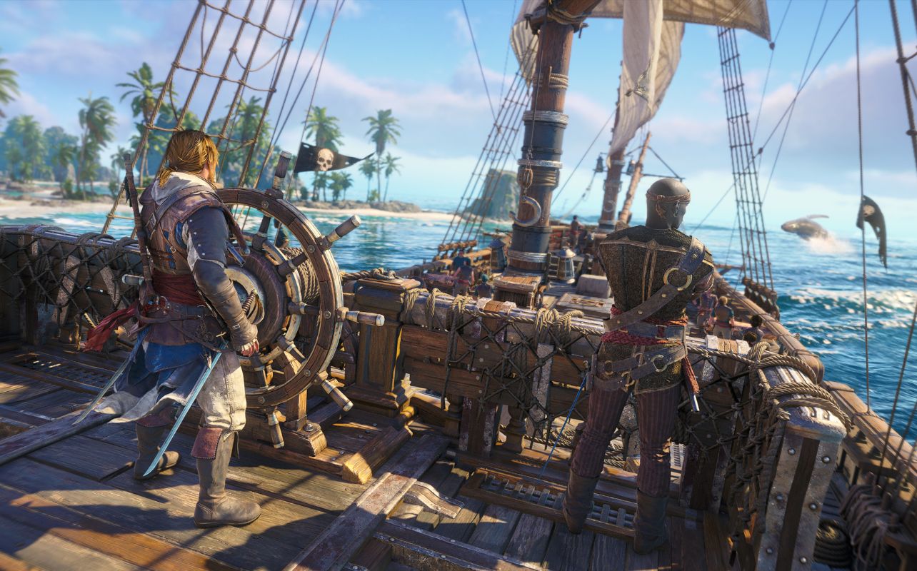 Assassin’s Creed Black Flag Resynced video game screenshot with a pirate character sailing a ship.