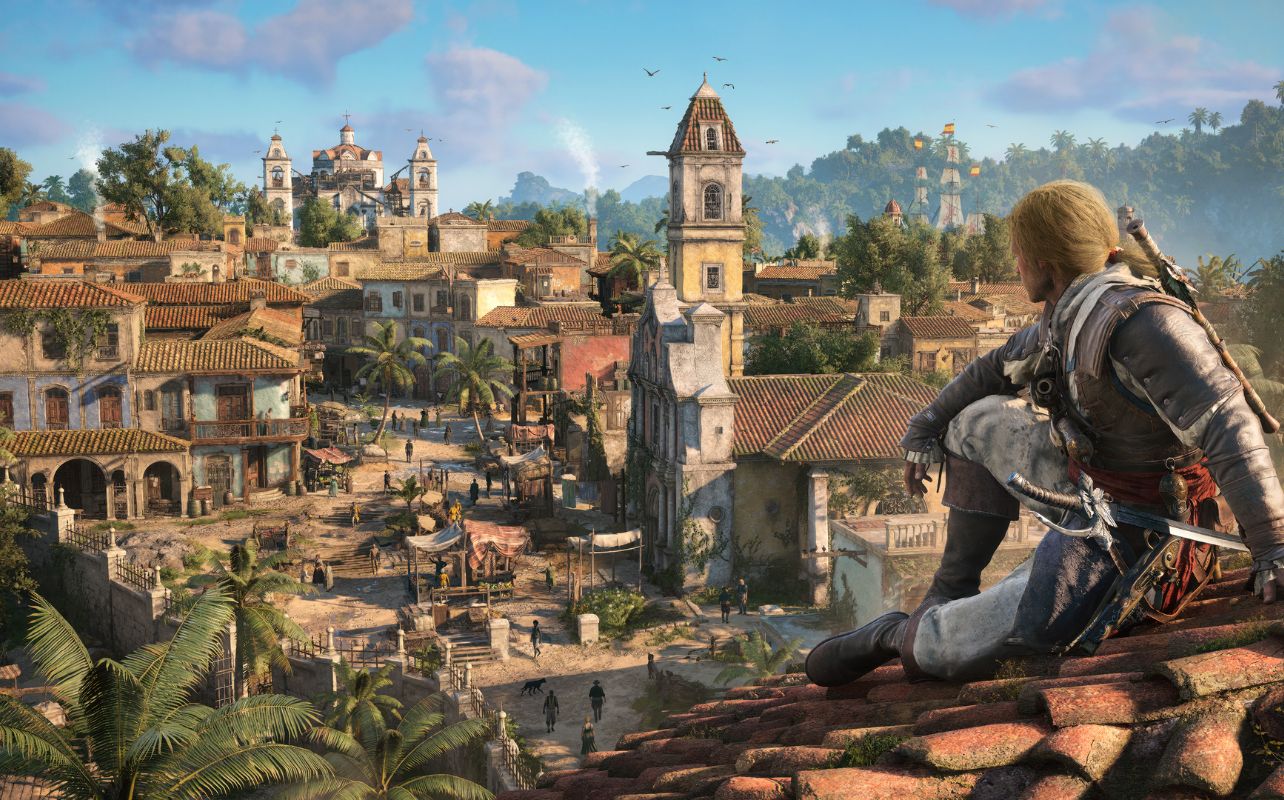 Assassin’s Creed Black Flag Resynced video game screenshot with a pirate character sitting on a rooftop looking at a bustling city centre.