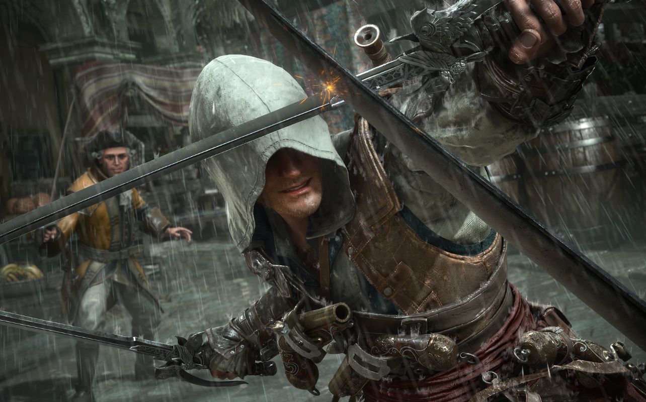 Assassin’s Creed Black Flag Resynced video game screenshot with a pirate character in combat with swords crossed.
