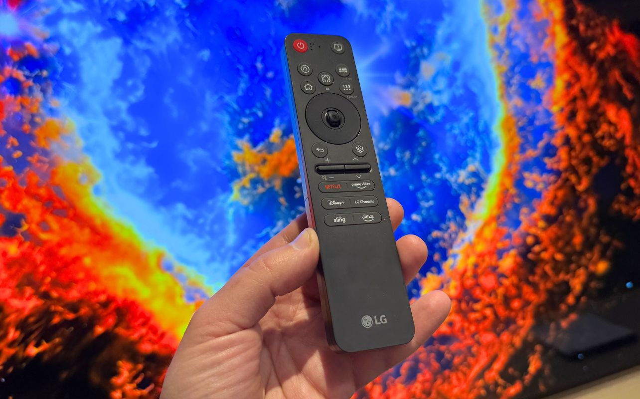 LG OLED evo G6 4K Remote against a colour screen.