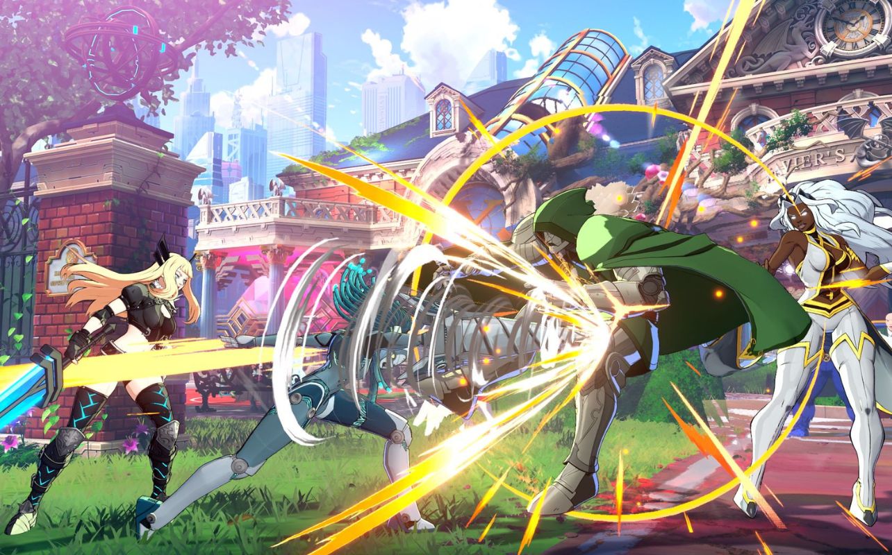 MARVEL Tōkon: Fighting Souls video game action screenshot with Marvel superheroes and villains fighting each other with a mansion in the background 