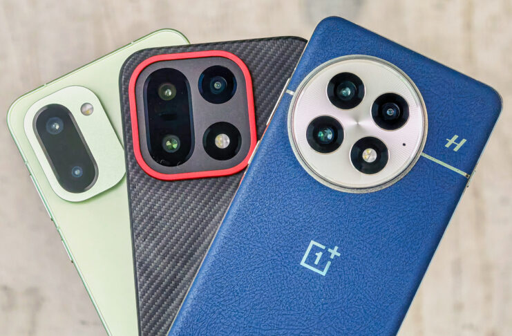 OnePlus phones fanned out together.
