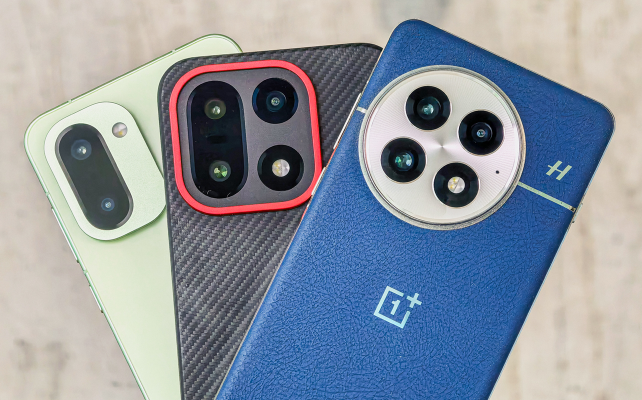 OnePlus phones fanned out together.