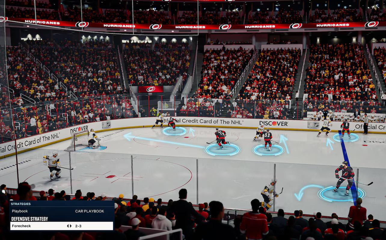 Carolina Hurricanes playbook and forecheck positioning displayed during gameplay in EA SPORTS NHL 27.