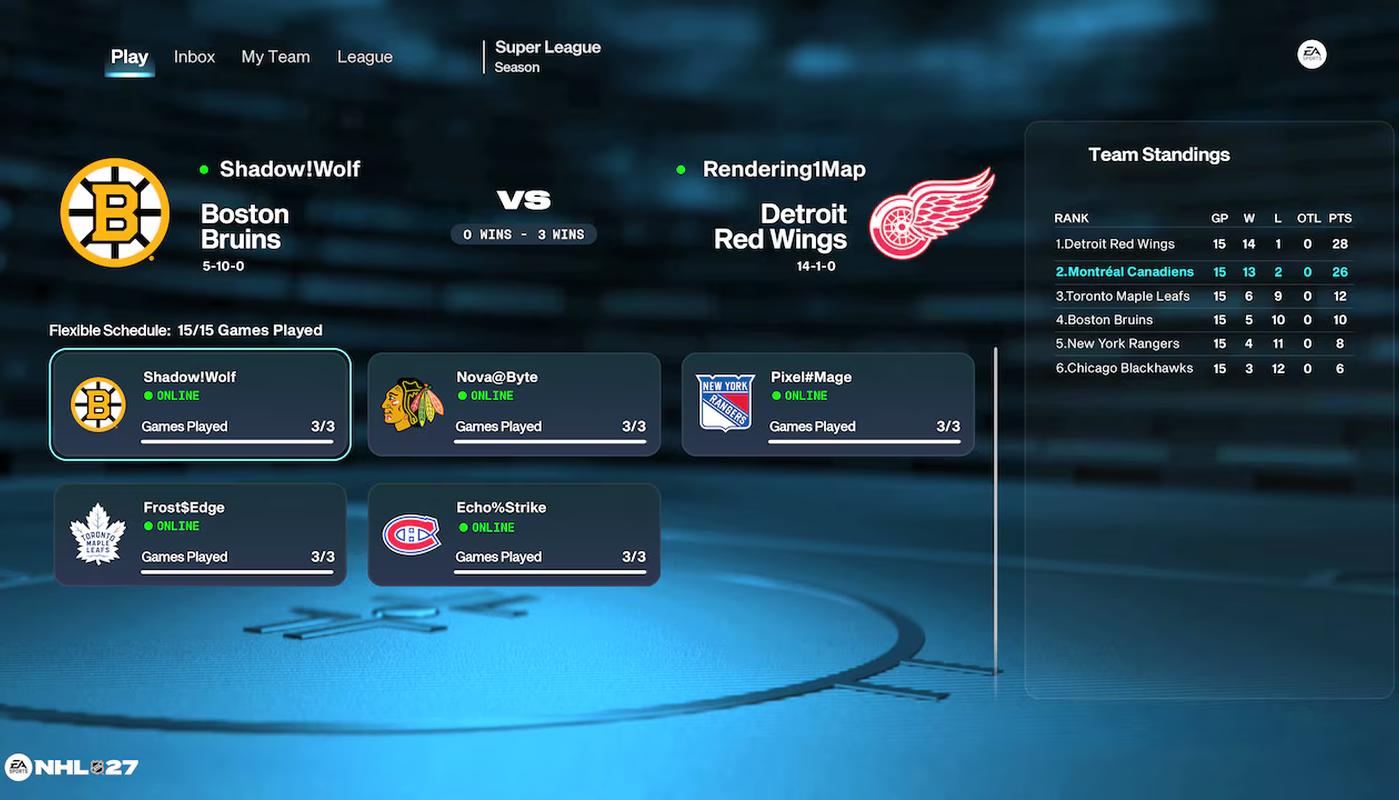 Connected Franchise league screen showing a Boston Bruins and Detroit Red Wings matchup with schedules and standings.
