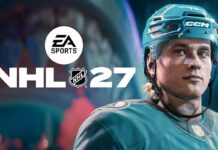 EA SPORTS NHL 27 logo beside a San Jose Sharks player wearing a teal helmet and jersey.
