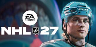 EA SPORTS NHL 27 logo beside a San Jose Sharks player wearing a teal helmet and jersey.