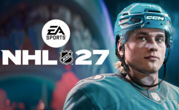 EA SPORTS NHL 27 logo beside a San Jose Sharks player wearing a teal helmet and jersey.