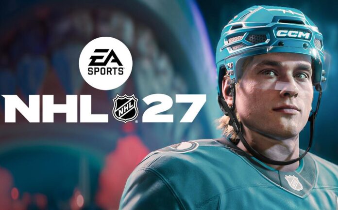 EA SPORTS NHL 27 logo beside a San Jose Sharks player wearing a teal helmet and jersey.
