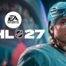 EA SPORTS NHL 27 logo beside a San Jose Sharks player wearing a teal helmet and jersey.