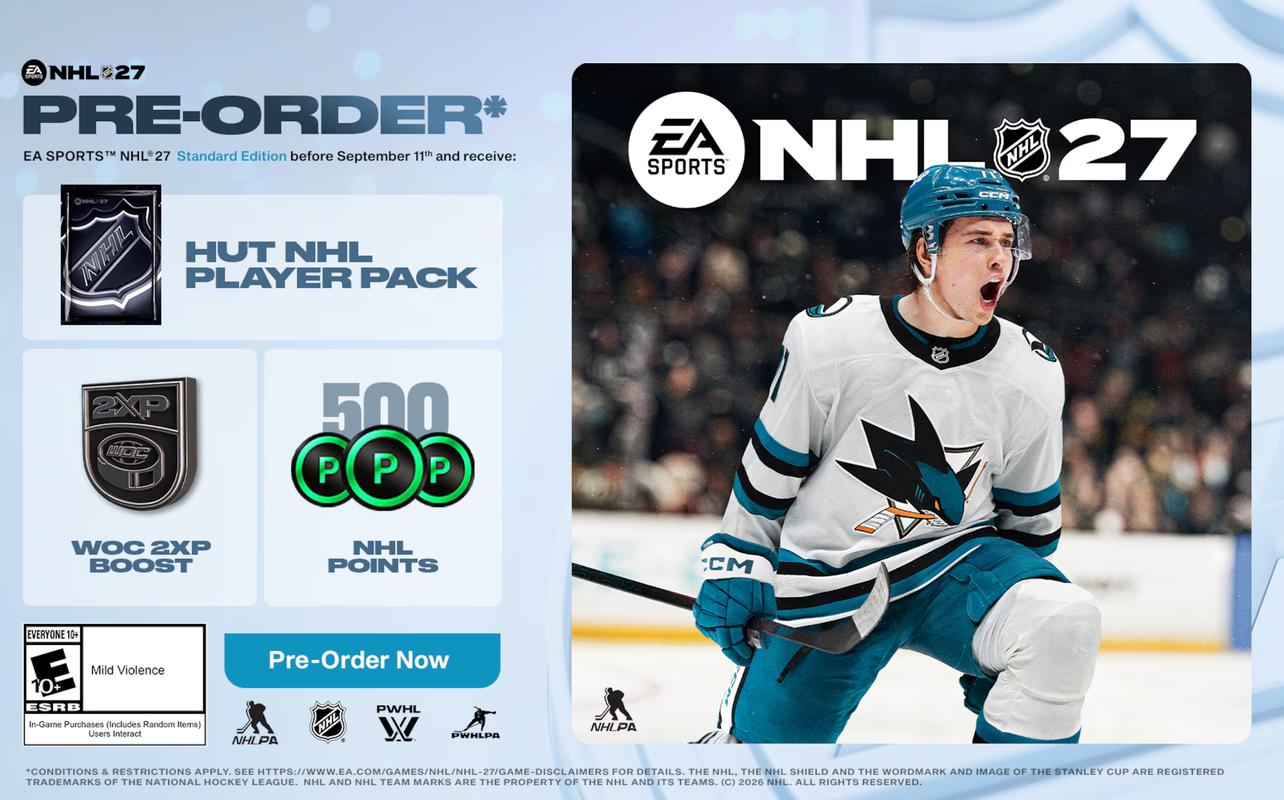 EA SPORTS NHL 27 preorder graphic showing a San Jose Sharks player and three Standard Edition bonuses.