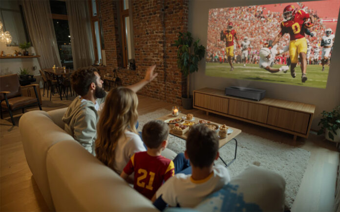 A family watching TV in the living room with the Epson Lifestudio Grand Plus projector.